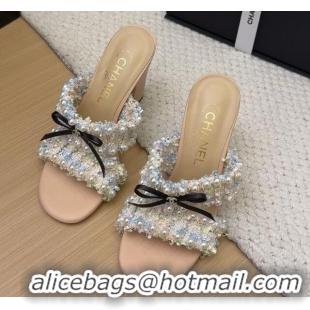 Pretty Style Chanel Tweed & Pearls Heel Slides Sandal 9cm with Bow Beige 2025 CH041616