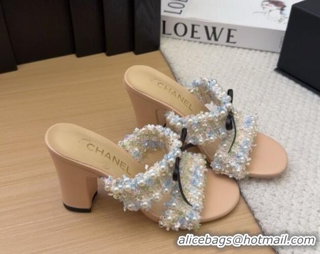 Pretty Style Chanel Tweed & Pearls Heel Slides Sandal 9cm with Bow Beige 2025 CH041616