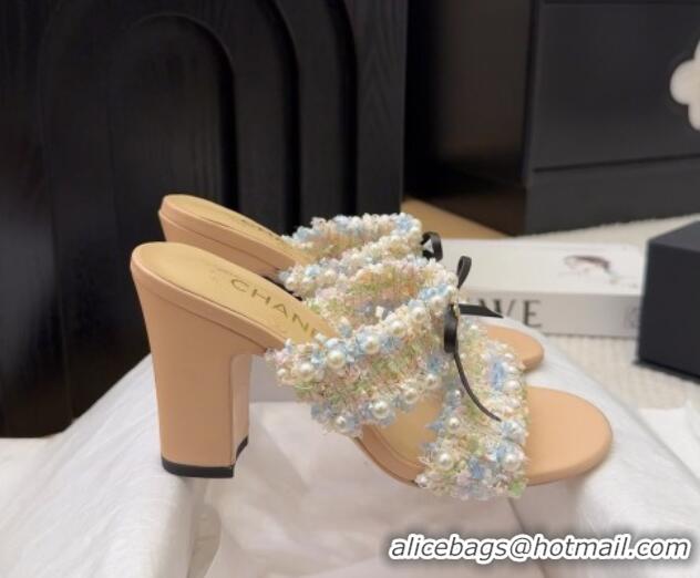 Pretty Style Chanel Tweed & Pearls Heel Slides Sandal 9cm with Bow Beige 2025 CH041616