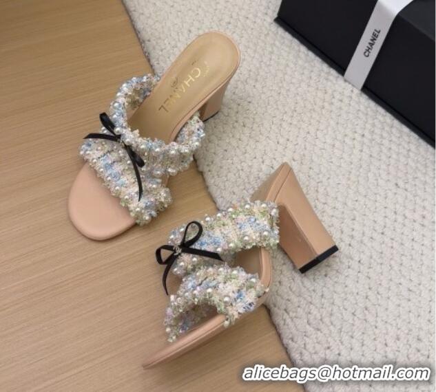 Pretty Style Chanel Tweed & Pearls Heel Slides Sandal 9cm with Bow Beige 2025 CH041616