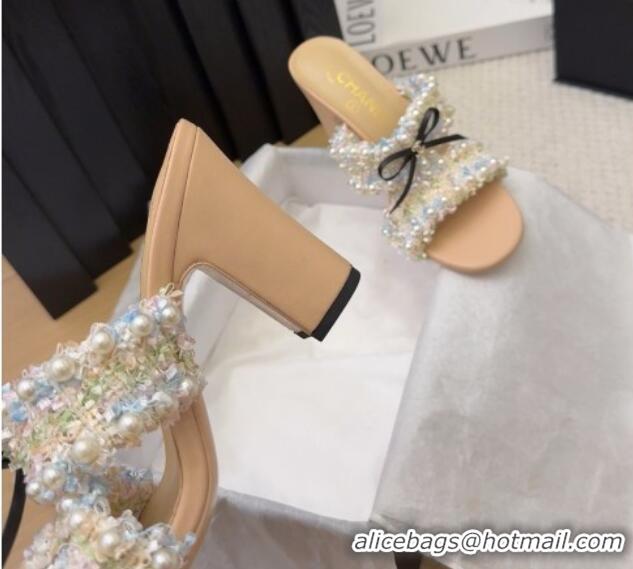 Pretty Style Chanel Tweed & Pearls Heel Slides Sandal 9cm with Bow Beige 2025 CH041616