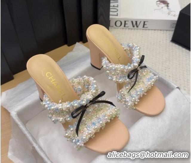 Pretty Style Chanel Tweed & Pearls Heel Slides Sandal 9cm with Bow Beige 2025 CH041616