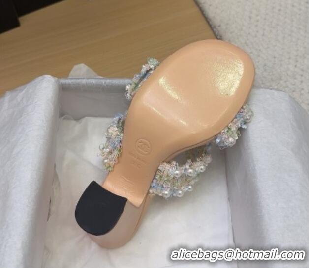 Pretty Style Chanel Tweed & Pearls Heel Slides Sandal 9cm with Bow Beige 2025 CH041616