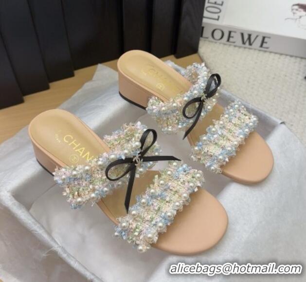 Top Grade Chanel Tweed & Pearls Heel Slides Sandal 5cm with Bow Beige 2025 CH041616