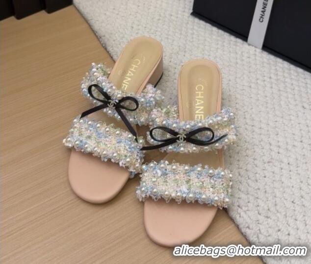 Top Grade Chanel Tweed & Pearls Heel Slides Sandal 5cm with Bow Beige 2025 CH041616