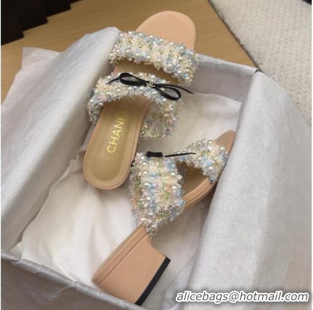 Top Grade Chanel Tweed & Pearls Heel Slides Sandal 5cm with Bow Beige 2025 CH041616
