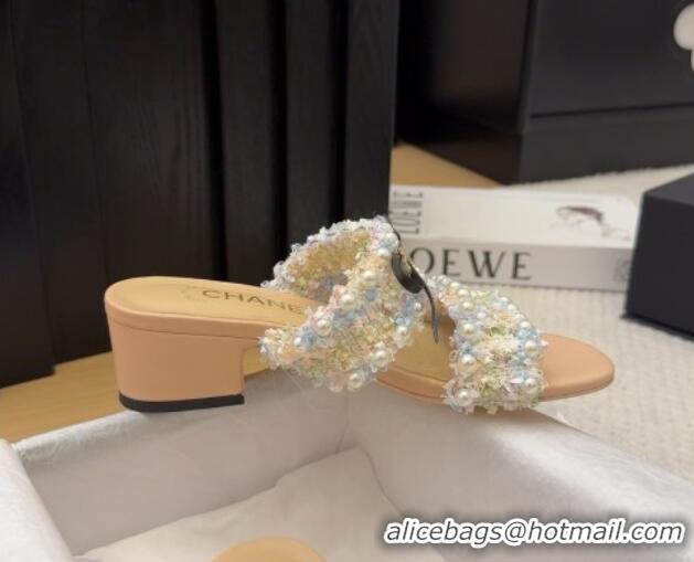 Top Grade Chanel Tweed & Pearls Heel Slides Sandal 5cm with Bow Beige 2025 CH041616
