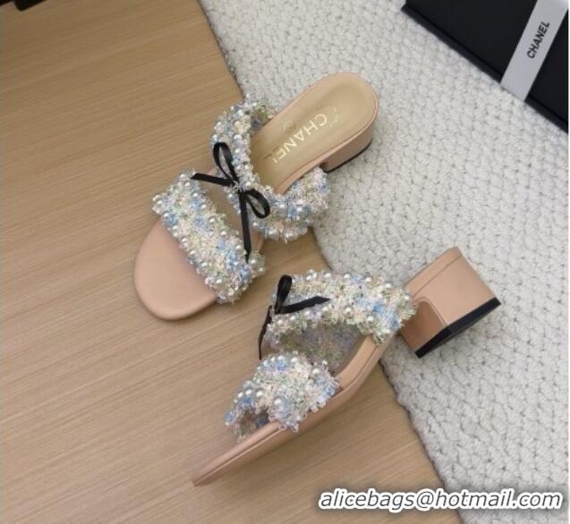 Top Grade Chanel Tweed & Pearls Heel Slides Sandal 5cm with Bow Beige 2025 CH041616