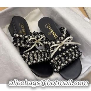 Shop Duplicate Chanel Tweed & Pearls Heel Slides Sandal 5cm with Bow Black 2025 CH041616