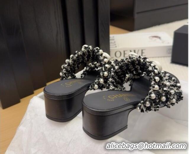Shop Duplicate Chanel Tweed & Pearls Heel Slides Sandal 5cm with Bow Black 2025 CH041616