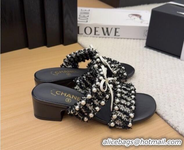 Shop Duplicate Chanel Tweed & Pearls Heel Slides Sandal 5cm with Bow Black 2025 CH041616