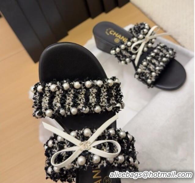 Shop Duplicate Chanel Tweed & Pearls Heel Slides Sandal 5cm with Bow Black 2025 CH041616