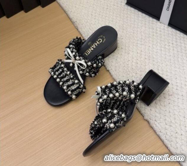 Shop Duplicate Chanel Tweed & Pearls Heel Slides Sandal 5cm with Bow Black 2025 CH041616
