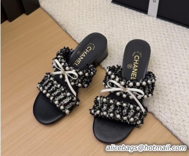 Shop Duplicate Chanel Tweed & Pearls Heel Slides Sandal 5cm with Bow Black 2025 CH041616
