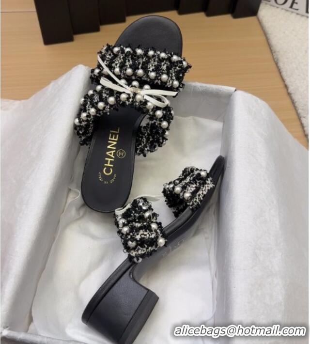 Shop Duplicate Chanel Tweed & Pearls Heel Slides Sandal 5cm with Bow Black 2025 CH041616