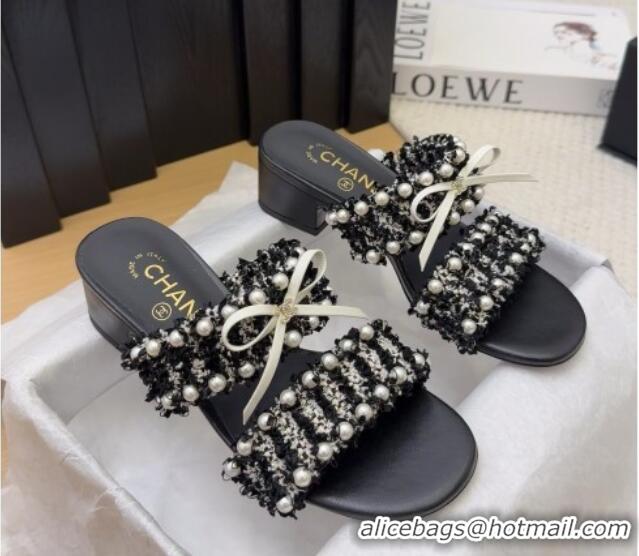 Shop Duplicate Chanel Tweed & Pearls Heel Slides Sandal 5cm with Bow Black 2025 CH041616