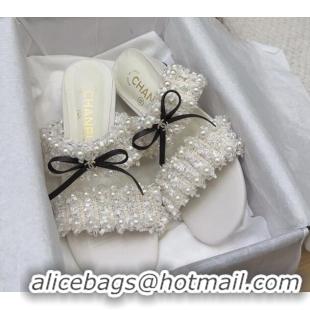 Purchase Chanel Tweed & Pearls Heel Slides Sandal 5cm with Bow White 2025 CH041616