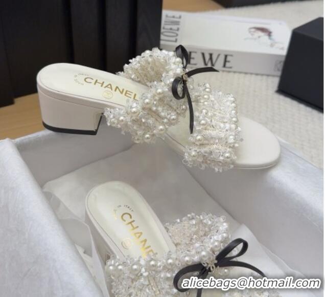 Purchase Chanel Tweed & Pearls Heel Slides Sandal 5cm with Bow White 2025 CH041616