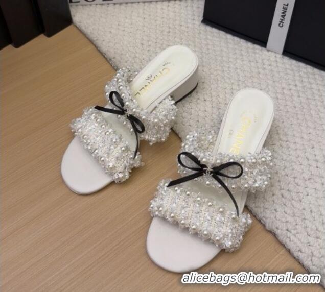 Purchase Chanel Tweed & Pearls Heel Slides Sandal 5cm with Bow White 2025 CH041616