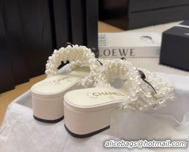 Purchase Chanel Tweed & Pearls Heel Slides Sandal 5cm with Bow White 2025 CH041616
