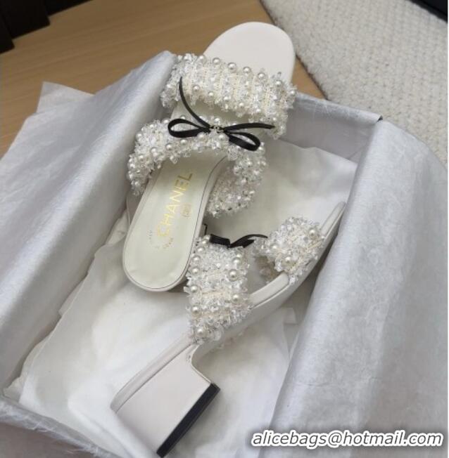 Purchase Chanel Tweed & Pearls Heel Slides Sandal 5cm with Bow White 2025 CH041616