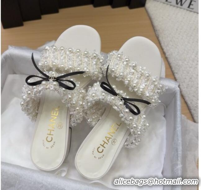 Purchase Chanel Tweed & Pearls Heel Slides Sandal 5cm with Bow White 2025 CH041616