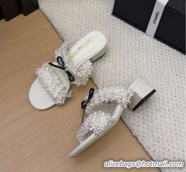Purchase Chanel Tweed & Pearls Heel Slides Sandal 5cm with Bow White 2025 CH041616