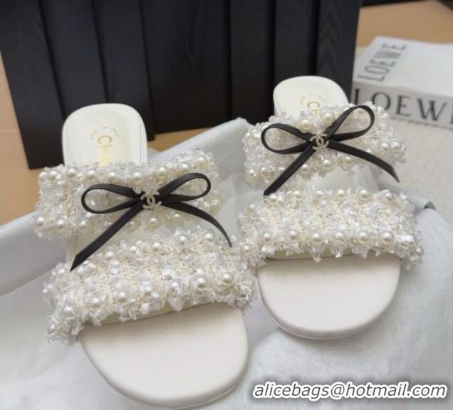 Purchase Chanel Tweed & Pearls Heel Slides Sandal 5cm with Bow White 2025 CH041616