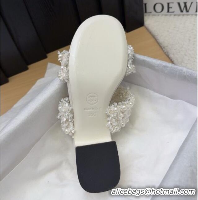 Purchase Chanel Tweed & Pearls Heel Slides Sandal 5cm with Bow White 2025 CH041616