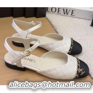 Good Quality Chanel Quilted Fabric & Grosgrain Flat Sandals with Chain White 2025 CH041617