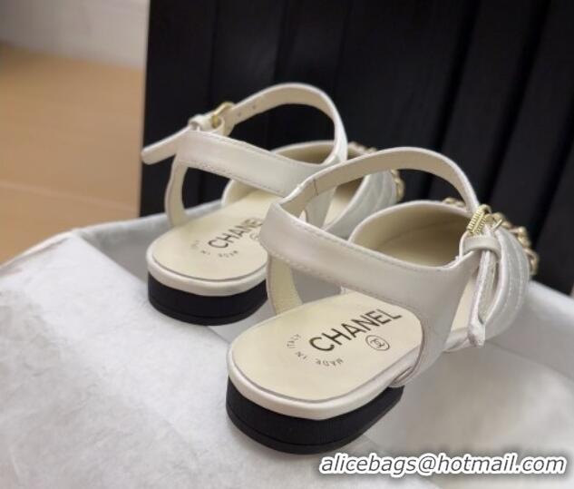 Good Quality Chanel Quilted Fabric & Grosgrain Flat Sandals with Chain White 2025 CH041617