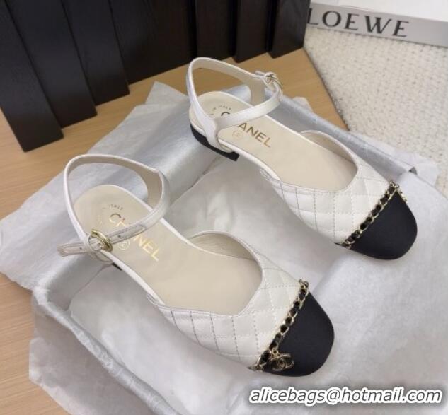 Good Quality Chanel Quilted Fabric & Grosgrain Flat Sandals with Chain White 2025 CH041617