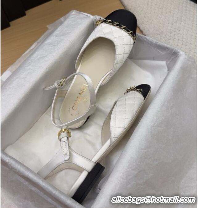 Good Quality Chanel Quilted Fabric & Grosgrain Flat Sandals with Chain White 2025 CH041617