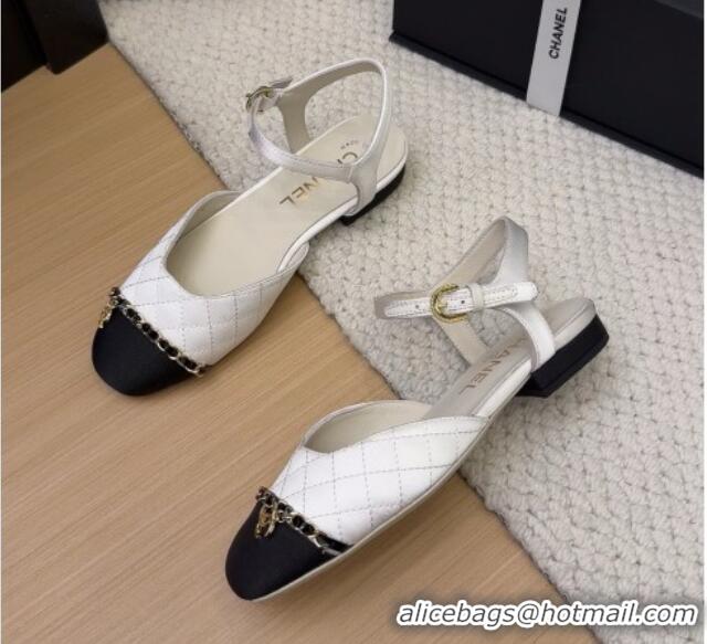 Good Quality Chanel Quilted Fabric & Grosgrain Flat Sandals with Chain White 2025 CH041617