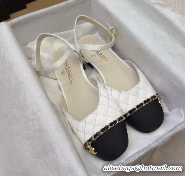Good Quality Chanel Quilted Fabric & Grosgrain Flat Sandals with Chain White 2025 CH041617
