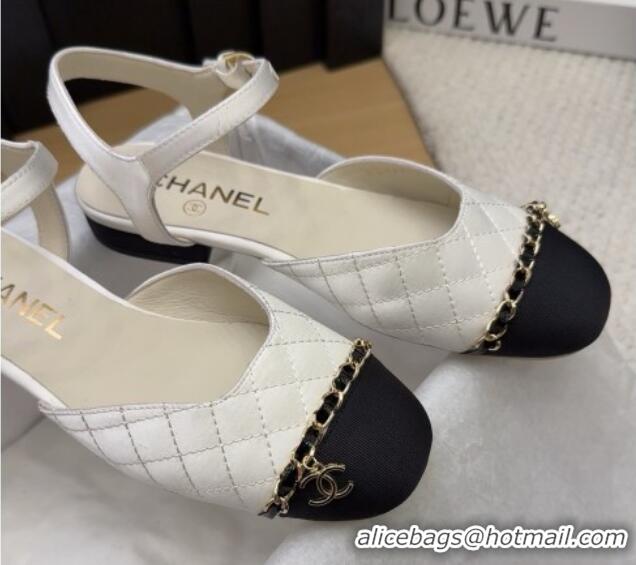 Good Quality Chanel Quilted Fabric & Grosgrain Flat Sandals with Chain White 2025 CH041617