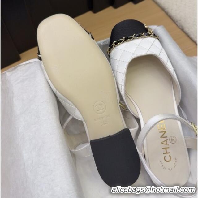 Good Quality Chanel Quilted Fabric & Grosgrain Flat Sandals with Chain White 2025 CH041617