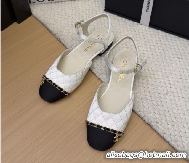 Good Quality Chanel Quilted Fabric & Grosgrain Flat Sandals with Chain White 2025 CH041617