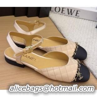 Stylish Chanel Quilted Fabric & Grosgrain Flat Sandals with Chain Beige 2025 CH041617