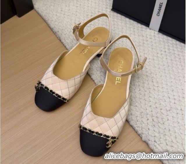 Stylish Chanel Quilted Fabric & Grosgrain Flat Sandals with Chain Beige 2025 CH041617