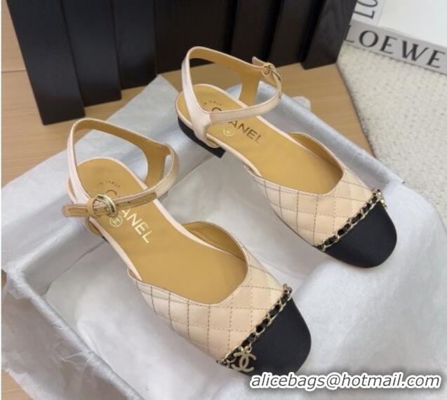 Stylish Chanel Quilted Fabric & Grosgrain Flat Sandals with Chain Beige 2025 CH041617