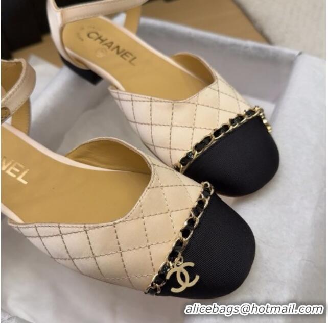 Stylish Chanel Quilted Fabric & Grosgrain Flat Sandals with Chain Beige 2025 CH041617