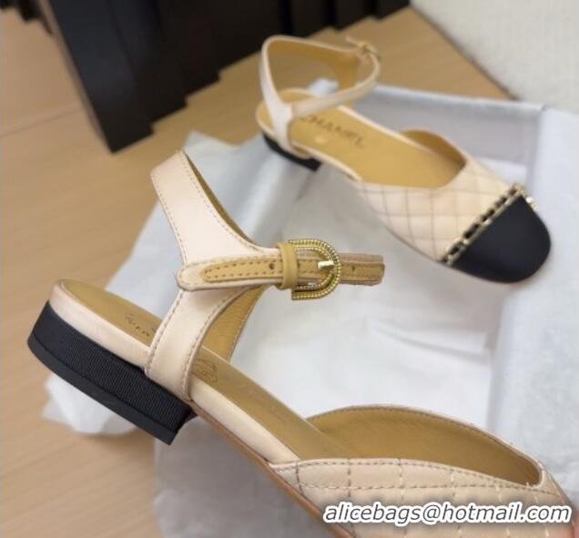 Stylish Chanel Quilted Fabric & Grosgrain Flat Sandals with Chain Beige 2025 CH041617
