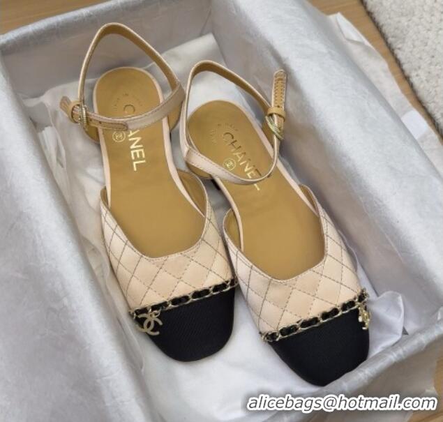 Stylish Chanel Quilted Fabric & Grosgrain Flat Sandals with Chain Beige 2025 CH041617