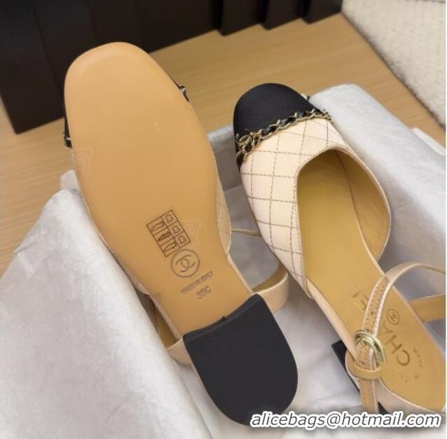 Stylish Chanel Quilted Fabric & Grosgrain Flat Sandals with Chain Beige 2025 CH041617