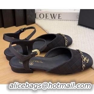 Top Design Chanel Quilted Fabric & Grosgrain Flat Sandals with Chain Black 2025 CH041617