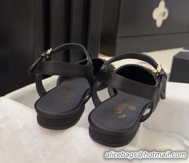 Top Design Chanel Quilted Fabric & Grosgrain Flat Sandals with Chain Black 2025 CH041617