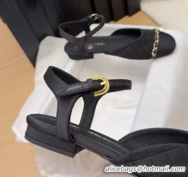 Top Design Chanel Quilted Fabric & Grosgrain Flat Sandals with Chain Black 2025 CH041617