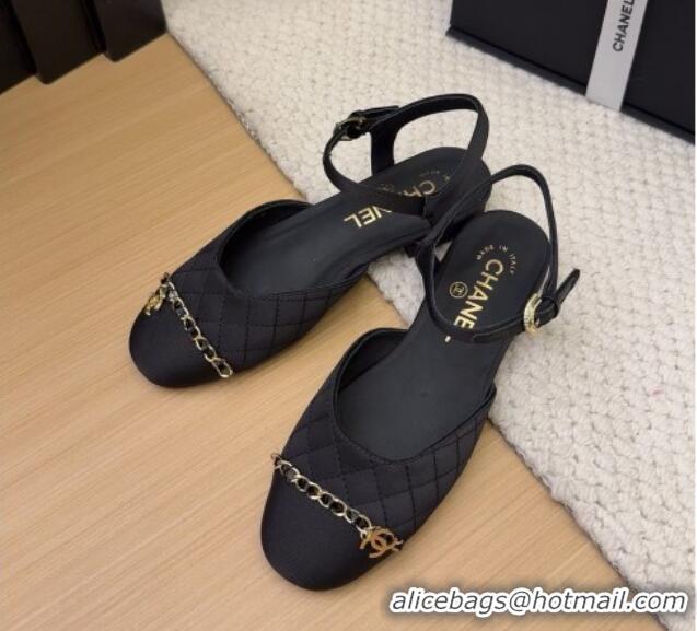 Top Design Chanel Quilted Fabric & Grosgrain Flat Sandals with Chain Black 2025 CH041617