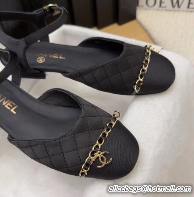 Top Design Chanel Quilted Fabric & Grosgrain Flat Sandals with Chain Black 2025 CH041617